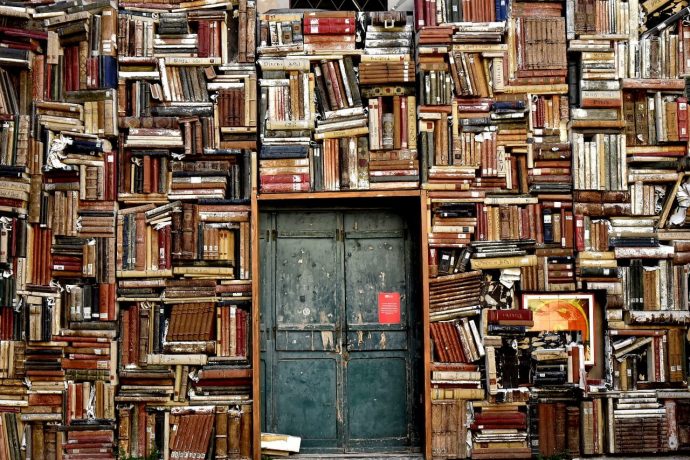 A door surrounded by bookshelves filled with books from a wide range of literary genres.